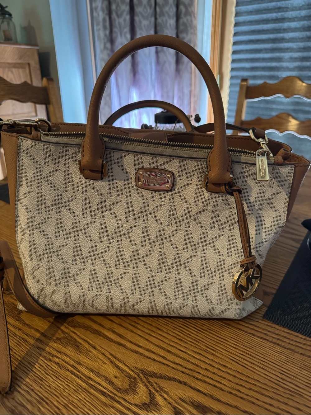 Michael Kors Beige Signature MK Logo Satchel with Brown Trim